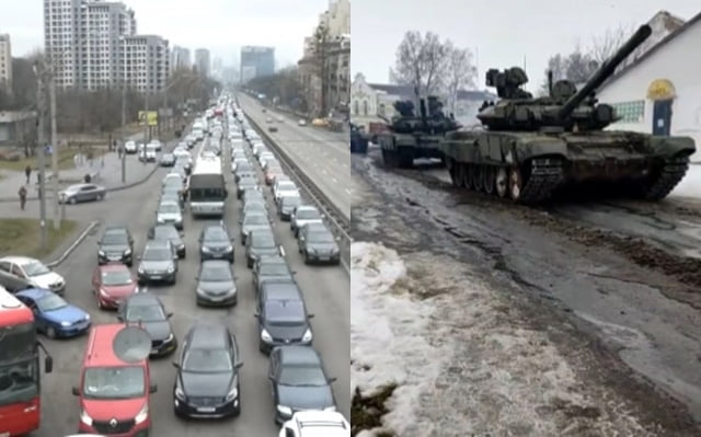 우크라이나 수도인 키예프를 빠져나가는 사람들(왼쪽), 도심으로 탱크가 진입하는 모습. / 사진=유튜브, 트위터