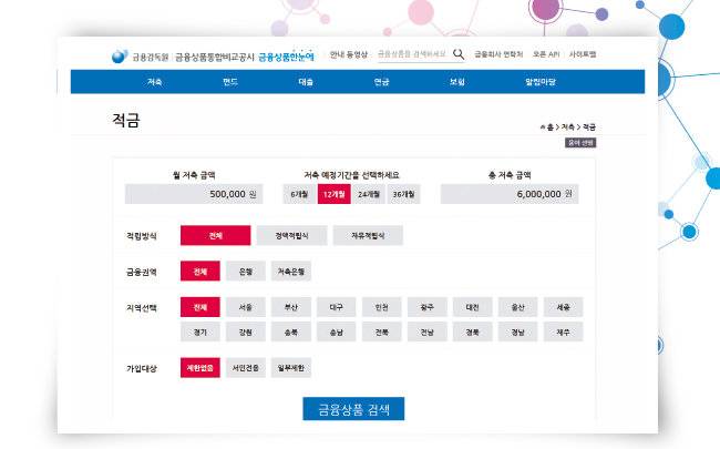 금융감독원이 제공하는 금융상품통합비교공시 서비스. [금융감독원 홈페이지 캡처]
