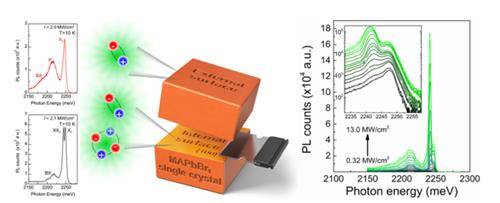 연구 결과 모식도    (왼쪽) 고품질의 내부 표면에서만 관측되는 바이엑시톤(XXT) 모식도. (오른쪽) 공명 조건에서 빛의 세기에 따른 엑시톤-바이엑시톤의 발광 스펙트럼 변화. [서강대 제공. 재판매 및 DB 금지]