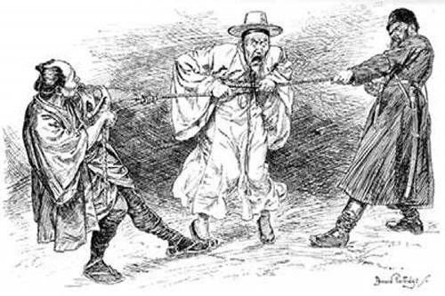 조선을 사이에 두고 힘을 겨루는 일본과 러시아를 풍자한 그림. 사진 출처 위키피디아