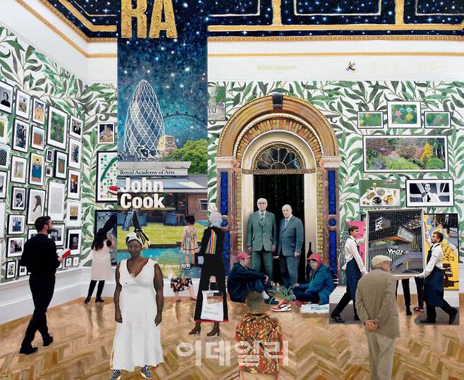 ‘뱅가드’ 전에 참여한 유일한 팀인 존 쿡의 ‘존 쿡’(John Cook·2020). 영국 왕립예술원(Royal Academy of Arts)에 펼친 존 쿡의 전시현장을 현실보다 디테일하게 상상해냈다. 아치문 아래 바닥에 앉은 작가들(김성국·김시종)이 보이고 ‘작업자’들이 나르는 그림을 비롯해 자신들의 작품을 ‘사정없이’ 박아뒀다. 왼쪽 벽 중앙에 걸린 ‘태종 어진’이 백미다(사진=아뜰리에아키).