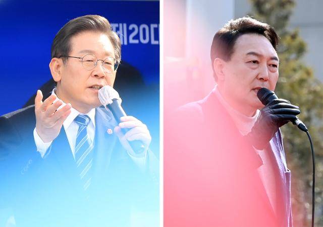 이재명 더불어민주당 대선후보와 윤석열 국민의힘 대선후보가 7일 오전 제주시 동문시장 인근 광장과 경기 구리역 광장에서 각각 지지를 호소하고 있다. 국회사진기자단