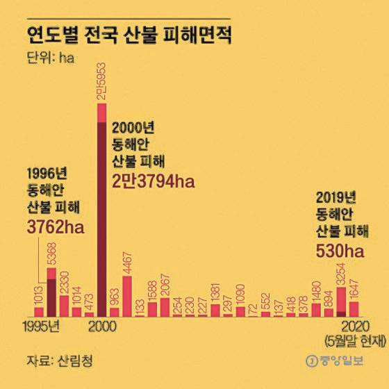 연도별 산불피해면적 . 그래픽=박경민 기자 minn@joongang.co.kr