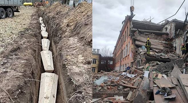 체르니히브시 외곽 땅에 줄줄이 묻히는 관들(사진 왼쪽)과 러시아 공격으로 무너진 체르니히브시 가옥들