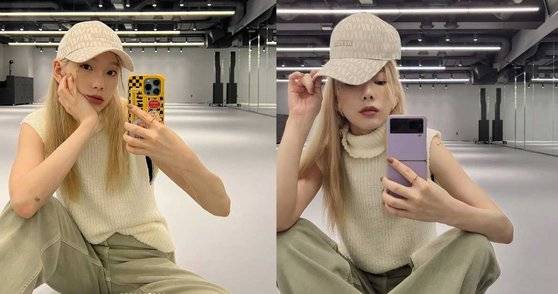 태연 인스타그램에 올라온 아이폰과 갤럭시 스마트폰으로 찍은 셀카. 왼쪽이 아이폰13 프로, 오른쪽이 갤럭시Z플립3이다. [인스타그램 캡처]