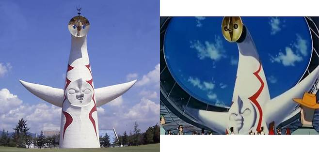 ▲ 1970 오사카 엑스포의 심볼 '태양의 탑'(왼쪽 사진)과 극장판 '짱구는 못말려 : 어른제국의 역습'에 나온 '태양의 탑'(오른쪽 사진). 사진=나무위키