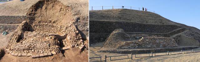 호로고루성 치성 발굴 현장(왼쪽)과 복원된 모습. 신라축성과 고구려축성이 대비된다. 토지박물관 제공
