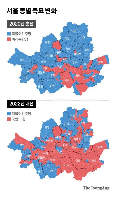 서울 동별 득표 변화. 그래픽=차준홍 기자 cha.junhong@joongang.co.kr