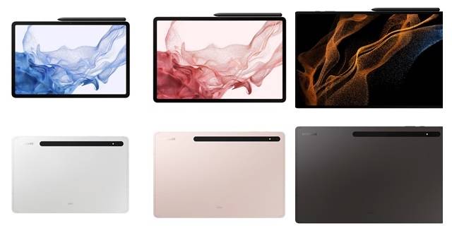 GOS 논란에 '갤럭시탭S8'도 긱벤치에서 퇴출됐다. 사진은 '갤럭시탭S8'과 '갤럭시탭S8+', '갤럭시탭S8울트라'(왼쪽부터)의 전·후면 디자인. /삼성전자 제공