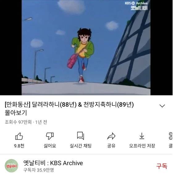 유튜브 '옛날티비:KBS Archive'에는 '달려라 하니'와 '천방지축 하니'가 고스란히 올라가있다. '달려라 하니'의 방영권을 가진 KBS는 10년간 재방송을 했지만 이 작가가 "10년이나 재방을 하니 반응이 안좋다"며 중단을 요청해 재방송을 멈췄다. 이 작가는 "유튜브에 올린 건 아카이브도 되고 홍보도 되는 것 같아서 그대로 뒀다"고 했다. 유튜브 캡쳐