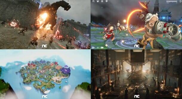 엔씨소프트가 신규IP 관련 영상을 공개했다. 왼쪽 위에서 시계방향으로 프로젝트TL, BSS, 프로젝트E, 프로젝트R.