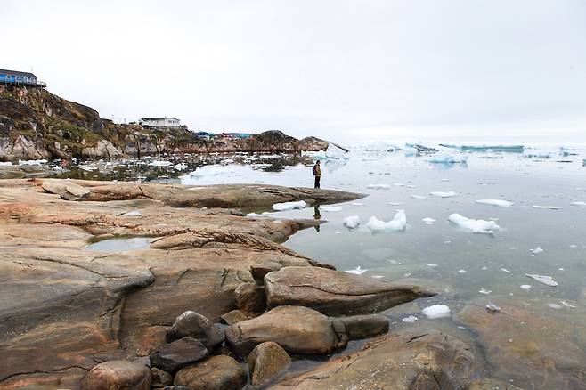 아이스 피오르드를 바라보는 여행자. 수시로 빙하에서 떨어져 나온 빙산이 바다로 떠내려간다.