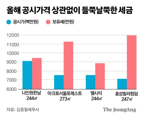 올해 공시가격 상관없이 들쭉날쭉한 세금. 그래픽=김주원 기자 zoom@joongang.co.kr