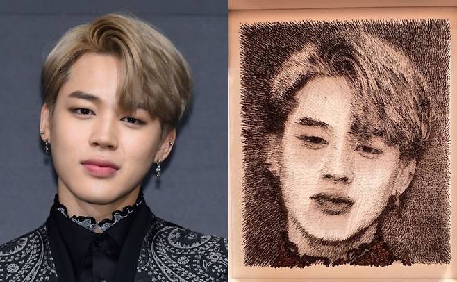 방탄소년단 지민(BTS JIMIN)과 김용진 작가의 화랑미술제 지민 작품(오른쪽)