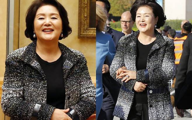 지난 2018년 10월 프랑스 국빈방문 당시 김정숙 여사가 입었던 샤넬 브랜드 재킷. 해당 의상은 한국에서 개최했던 2015/16 크루즈 컬렉션 무대에 소개되었다.(사진=연합뉴스)