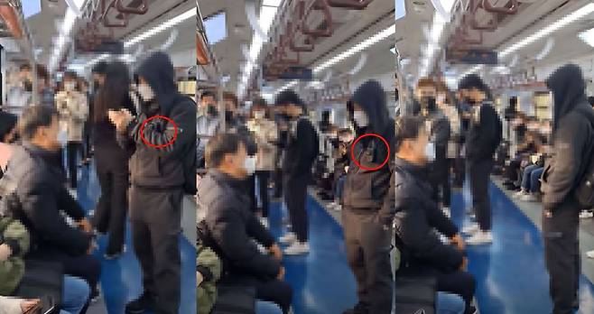 지난 16일 올라온 유튜브 영상 중 일부. 젊은 남성이 노인 남성에게 욕설과 폭언을 퍼부었다. 젊은 남성의 왼쪽 가슴에 있는 보디캠(빨간색 원)이 보인다.  /유튜브