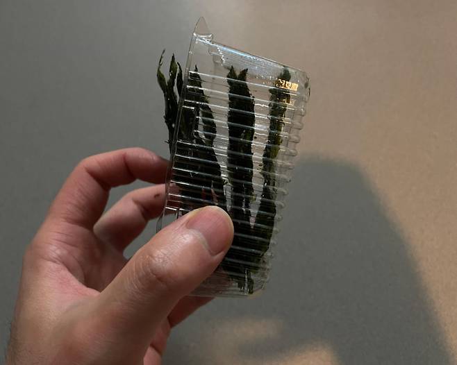 플라스틱 트레이를 이용해 1인분씩 낱개 포장된 조미김 제품. 플라스틱 트레이와 비닐(필름), 제습제를 포함한 포장재 무게는 약 8g으로, 실제 내용물의 무게(4g)의 2배에 달했다. [최준선 기자]