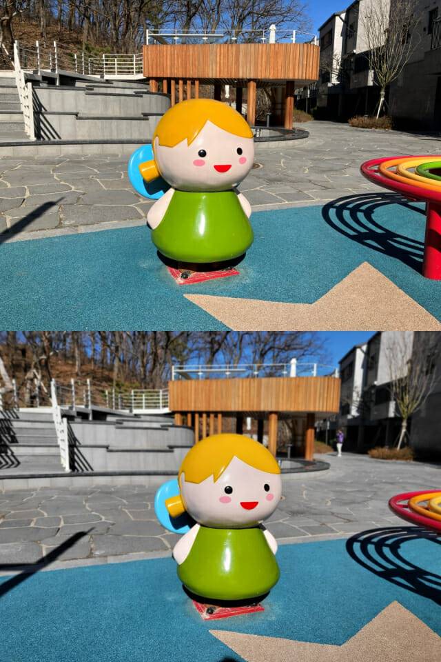 아이폰SE 3세대는 '인물모드'로 촬영했을 때 사물은 인식하지 못했다.(위), 갤럭시Z플립 3 인물모드 사진(아래)(사진=지디넷코리아)