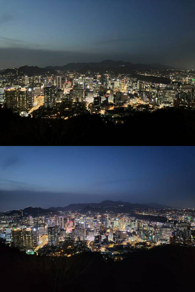 야간촬영 사진 비교. 아이폰SE 3세대(위), 갤럭시Z플립3(아래)(사진=지디넷코리아)