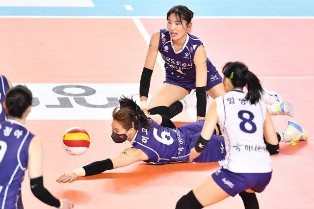 몸을 던져 실점을 막아 내고 있는 이고은(6번). 한국배구연맹(KOVO) 제공