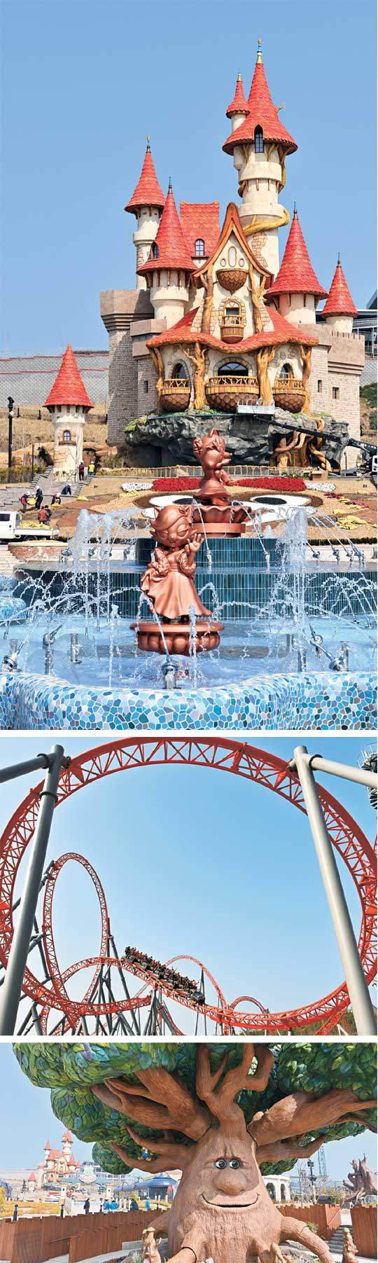 위 사진은 롯데월드 부산의 ‘로리캐슬’. 테마파크 판타지의 핵심 공간이다. 가운데 사진은 롤러코스터 ‘자이언트 디거’. 360도 회전 구간이 세 곳이나 된다. 아래 사진은 말하는 나무 ‘토킹트리’. 표정을 만들며 말을 한다.