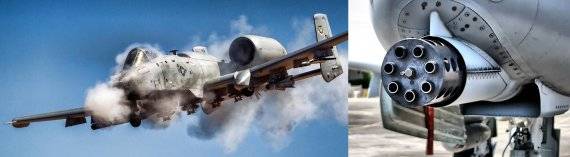 미 공군 A-10 썬더볼트 II. 흰 연기를 내뿜고 기관포를 난사하면서 저공으로 돌진하는 기체 모습을 빗대어 성난 '혹멧돼지'(Warthog)라고도 부른다. 미국이 1972년 생산해 1977년부터 실전 운용한 A-10은 기체에 GAU-8/A 어벤저 30mm 회전식 기관포 1문을 고정으로 장착한다(우). 1천170여발을 장착한 30㎜ 기관포탄은 열화우라늄으로 처리된 철갑소이탄으로, 전차나 장갑차를 관통할 수 있다. 이런 능력으로 A-10은 '탱크 킬러'라는 별명을 얻었다. 사진=미 공군(US AirForce)