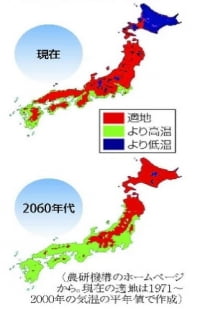 일본 농업·식품산업기술종합연구기구가 전망한 일본열도의 사과 경작지 지도. 빨간색이 '적격', 연두색은 '재배하기에 기온이 높음', 파란색은 '재배하기에 기온이 낮음'을 나타낸다.
