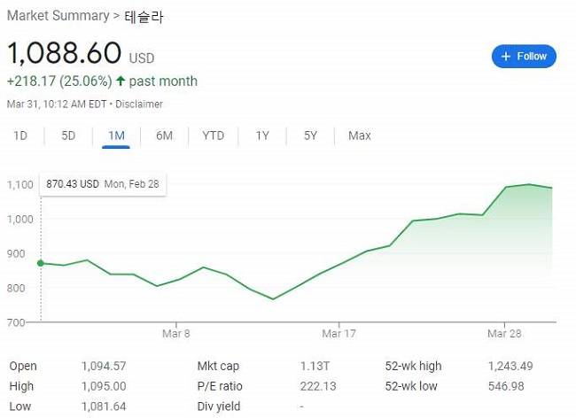 테슬라 1달간 주가추이/출처=구글