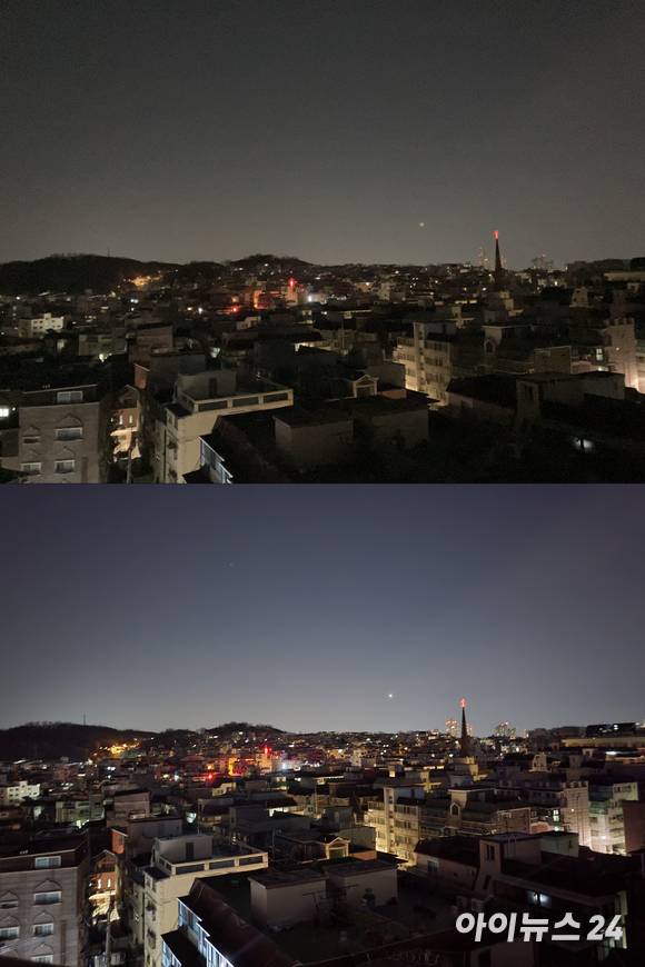 아이폰SE3(위)와 갤럭시Z플립3로 촬영한 야경 [사진=서민지 기자]
