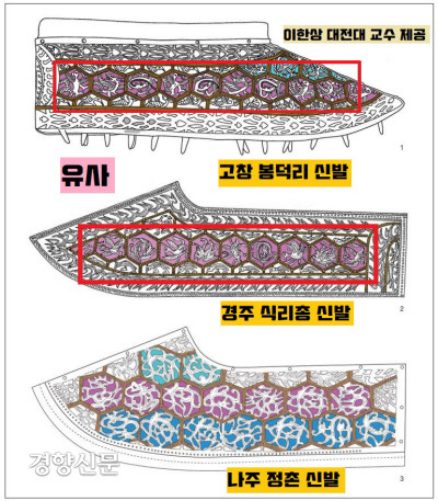 신라 귀족무덤인 경주 식리총에서 확인된 금동신발을 제작기법과 문양상 백제산이 틀림없다. 특히 봉덕리 금동신발과는 육각형 구획 안에 표현된 문양의 구성이 쌍둥이라 할만큼 흡사하다. 백제산임에 틀림없디.|이한상 대전대 교수 제공