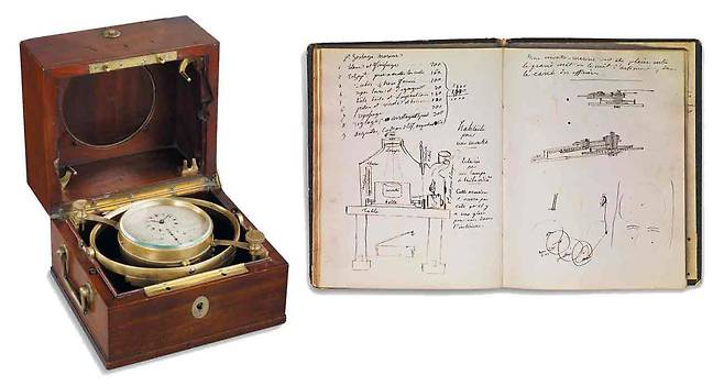 (사진 왼쪽)1822년 아브라함-루이 브레게가 제작한 마린 크로노미터 No. 3196. (오른쪽)브레게 마린 크로노미터 설계 도면 아카이브.