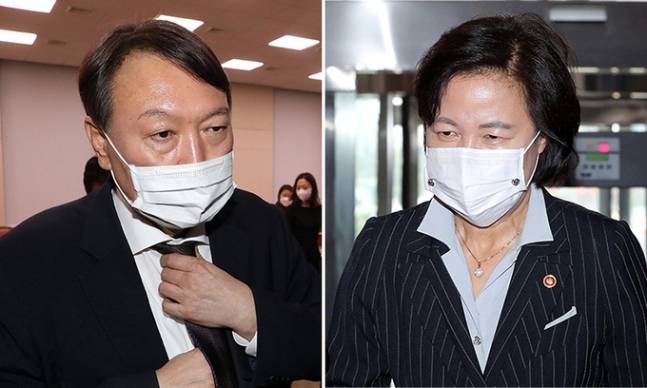 윤석열 당시 검찰총장(왼쪽), 추미애 법무부 장관. 연합뉴스·뉴시스