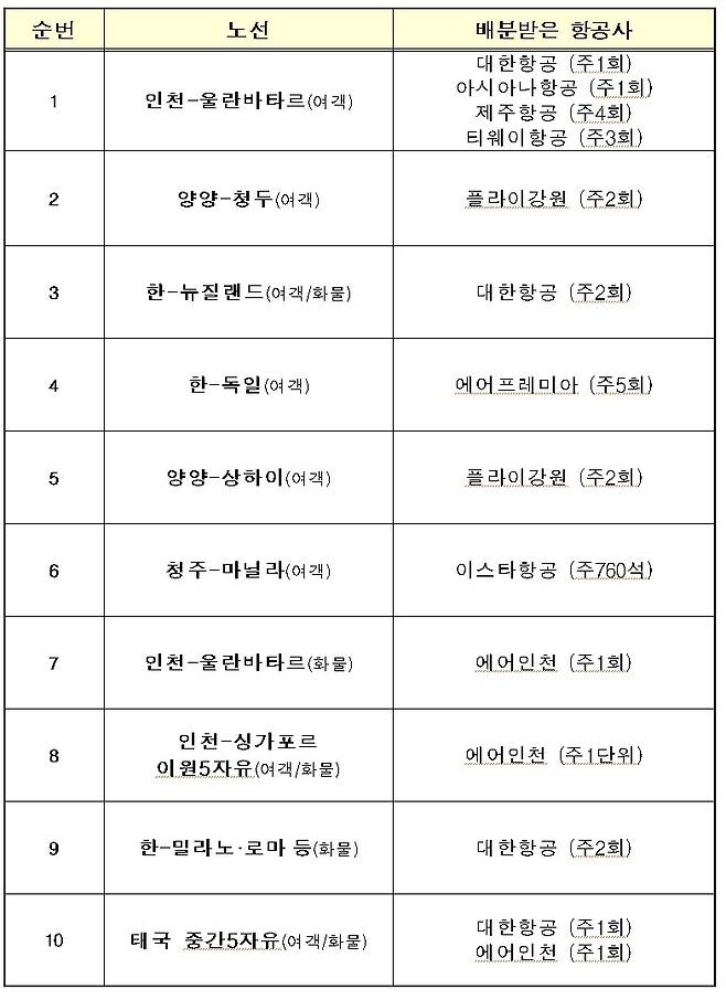 노선별 운수권 배분결과 총괄표(국토부 제공) © 뉴스1
