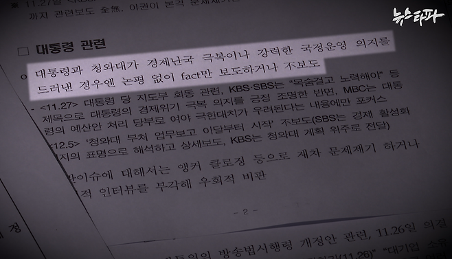 ▲ 'MBC 뉴스데스크 보도 분석' 문건에 등장하는 MBC의 대통령 관련 보도 분석.