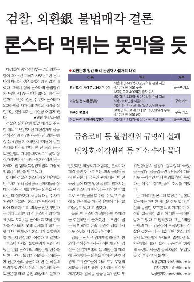 2006년 12월 8일 한국일보 1면.