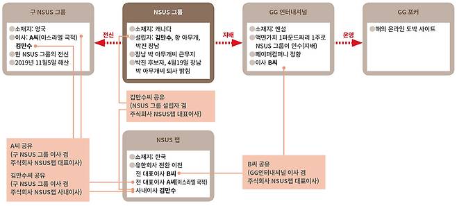 NSUS 그룹을 둘러싼 법인간 관계도.