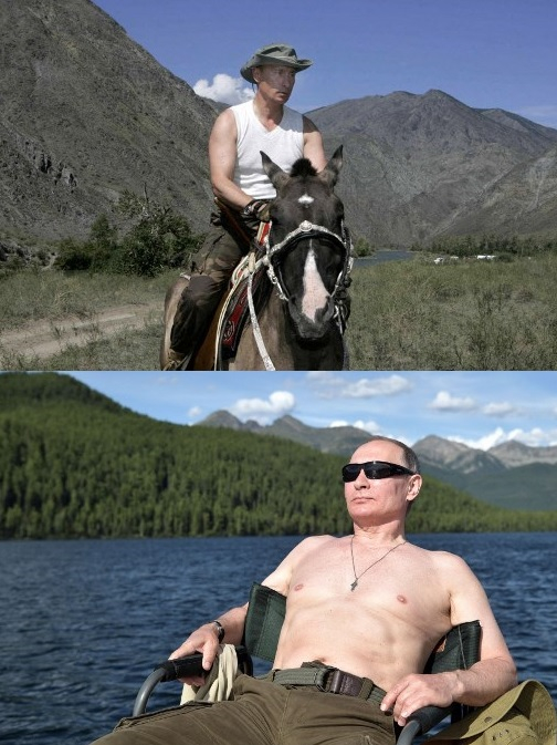 푸틴 대통령이 시베리아 남부에서 휴가를 보내는 모습. 위 사진은 2007년. 아래 사진은 2017년/사진=AFP