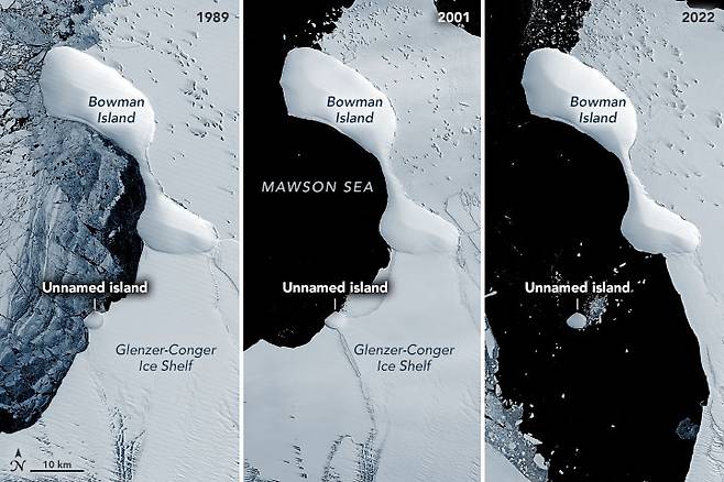 NASA 랜드샛 위성으로 촬영한 글랜저와 콩거 빙붕 주위와 이름없는 섬의 모습.