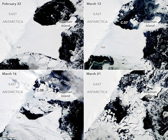 랜드샛 8호 위성이 촬영한 콩거 빙붕의 붕괴 과정.