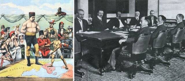 러일전쟁 개전 초기인 1904년 4월 프랑스 신문 ‘르 프티 파리지앵’에 게재된 만평. 러시아는 거인으로, 일본은 소인으로 그리며
 러시아의 전쟁 우위를 점친 서구의 시각을 담았다(왼쪽 사진). 1905년 포츠머스조약을 맺는 러시아와 일본 대표들. 사진 출처 
위키피디아