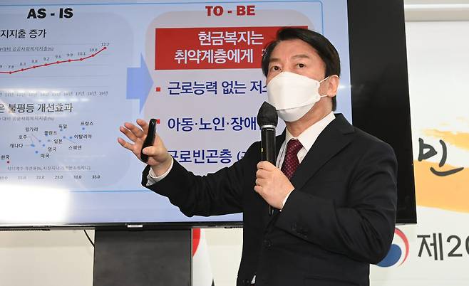 안철수 제20대 대통령직인수위원회 위원장이 29일 오후 서울 종로구 통의동 인수위에서 윤석열 정부의 복지국가 개혁방안을 발표하고 있다. [인수위사진기자단]