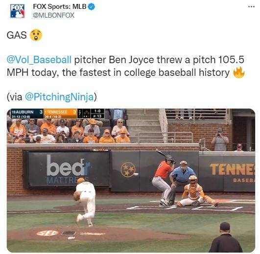 벤 조이스는 2일(한국시간) 미국 대학야구 경기에서 105.5마일(약 169.8㎞)의 직구를 던졌다.(폭스스포츠 SNS 캡처) © 뉴스1