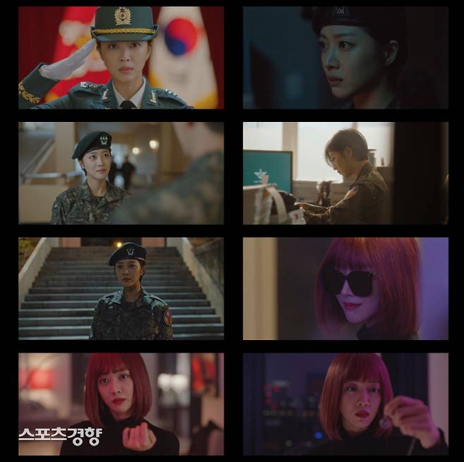 배우 조보아가 tvN 드라마 ‘군검사 도베르만’에서 연기했던 군검사 차우인(정복에 모자를 쓴)과 사적복수를 위해 피의자들을 처단했던 ‘레드우인’으로 설정한 빨간 가발 모습. 사진 tvN 방송화면 캡쳐