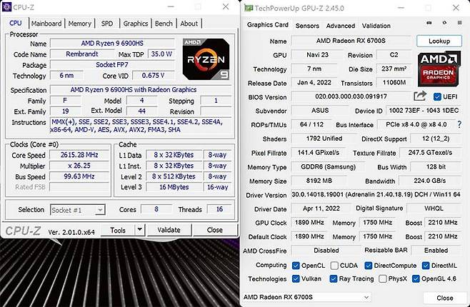AMD 라이젠 9 6900HS 및 라데온 RX 6700S의 CPU-Z(좌) 및 GPU-Z(우) 정보. 출처=IT동아