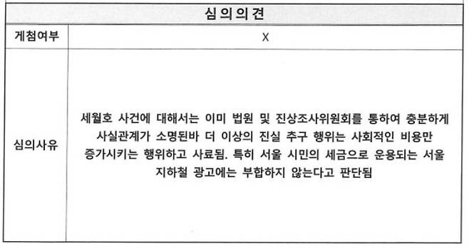 서울교통공사 광고심의위원회 E위원이 세월호 8주기 추모광고 게재를 불허한 심의사유. 장혜영 의원실 제공