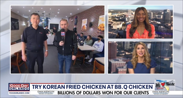 미국 폭스(FOX) 뉴스의 플로리다주 지역방송 ‘FOX 35 올랜도’에서 한류열풍과 함께 현지인들이 즐겨 찾는 한국식 치킨으로 BBQ가 소개되고 있다. 제너시스 BBQ 제공