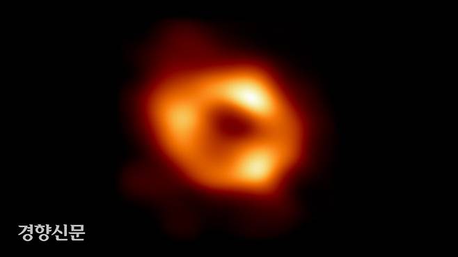 사건지평선망원경(EHT)으로 관측된 궁수자리A 블랙홀의 모습. 가운데 검은 부분은 블랙홀을 포함한 그림자이고, 밝은 부분은 블랙홀 중력에 휘어진 빛이다. EHT 제공