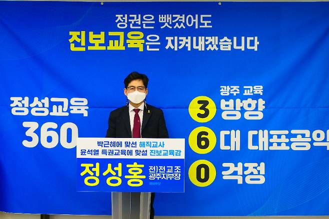 전교조 출신 광주광역시 교육감 단일 후보인 정성홍 후보는 12일 오후 1시 30분 광주광역시 교육감선거 후보 등록을 하면서 박혜자 광주시교육감 후보의 단일화 제안에 대해 "교육적 가치와 철학 공유 없는 선거용 단일화는 거부한다"고 밝혀 사실상 범진보 진영의 추가 단일화는 무산될 전망이다. 정성홍 후보 측 제공