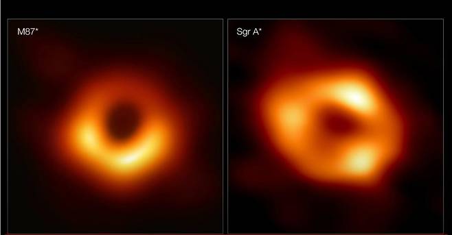 M87 은하의 블랙홀(좌)과 우리은하 중심의 블랙홀 [EHT 유튜브 중계 캡처. 재판매 및 DB 금지]