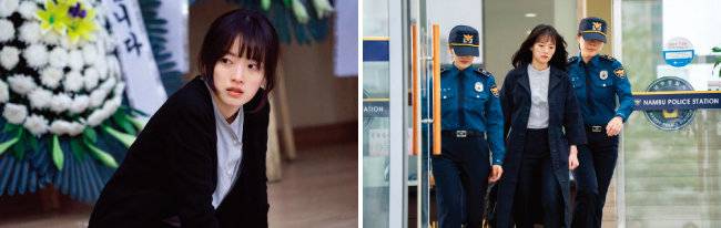 천우희가 학생을 보호하고자 노력하는 담임 교사 역을 맡은 영화 ‘니 부모 얼굴이 보고 싶다’의 한 장면.